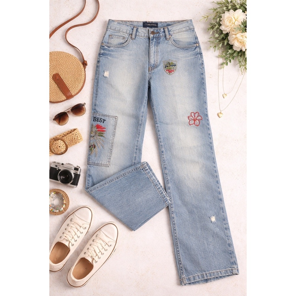 PAZZO Womens Light Wash Embroidered Patch Straight Leg Jeans Blue 34/33 Turkey